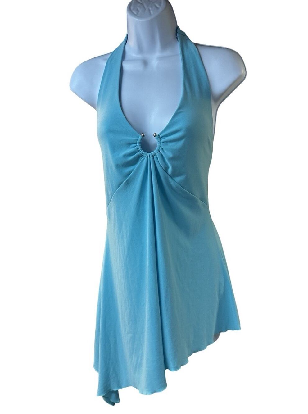 Georgiou Studio Aqua Halter Top Women Asymmetrical Tunic Y2K Clubwear L